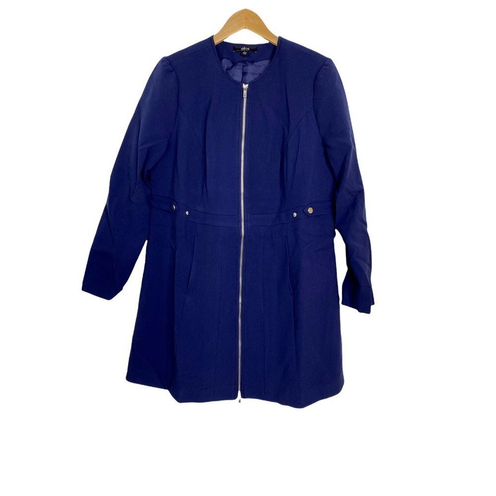 Ellos Womens Jacket Coat Blue Lined Zip Up Stretch Pockets Crew Neck SZ 14 New